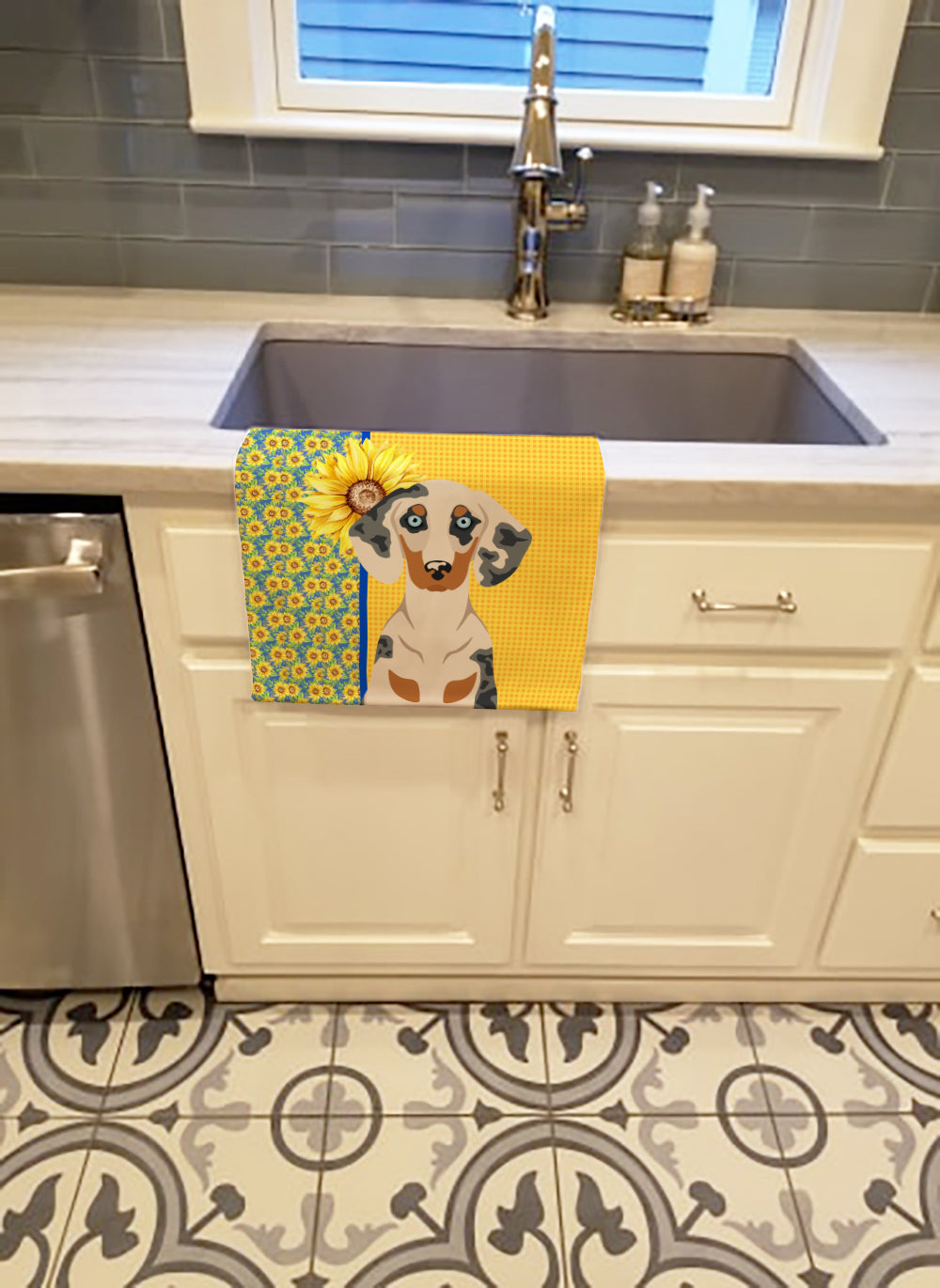 Summer Sunflowers Cream Dapple Dachshund Kitchen Towel - the-store.com