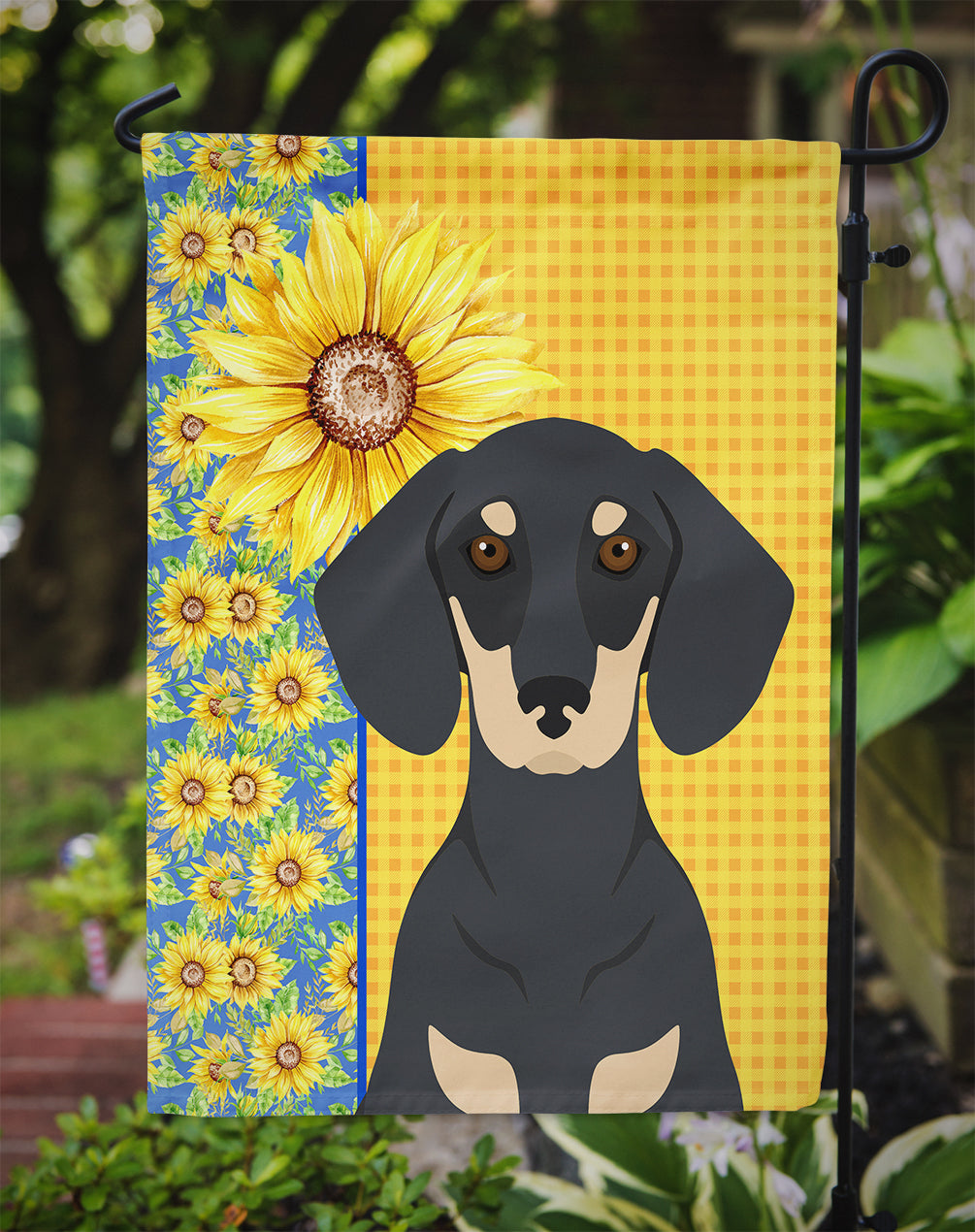 Summer Sunflowers Black and Cream Dachshund Flag Garden Size  the-store.com.