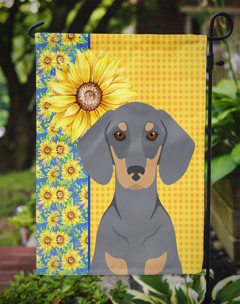 Summer Sunflowers Blue and Tan Dachshund Flag Garden Size  the-store.com.