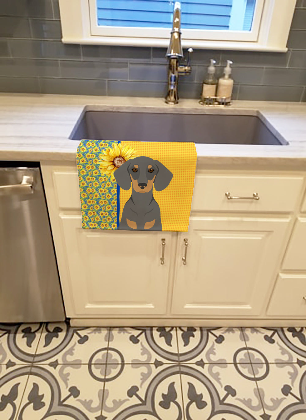 Buy this Summer Sunflowers Blue and Tan Dachshund Kitchen Towel