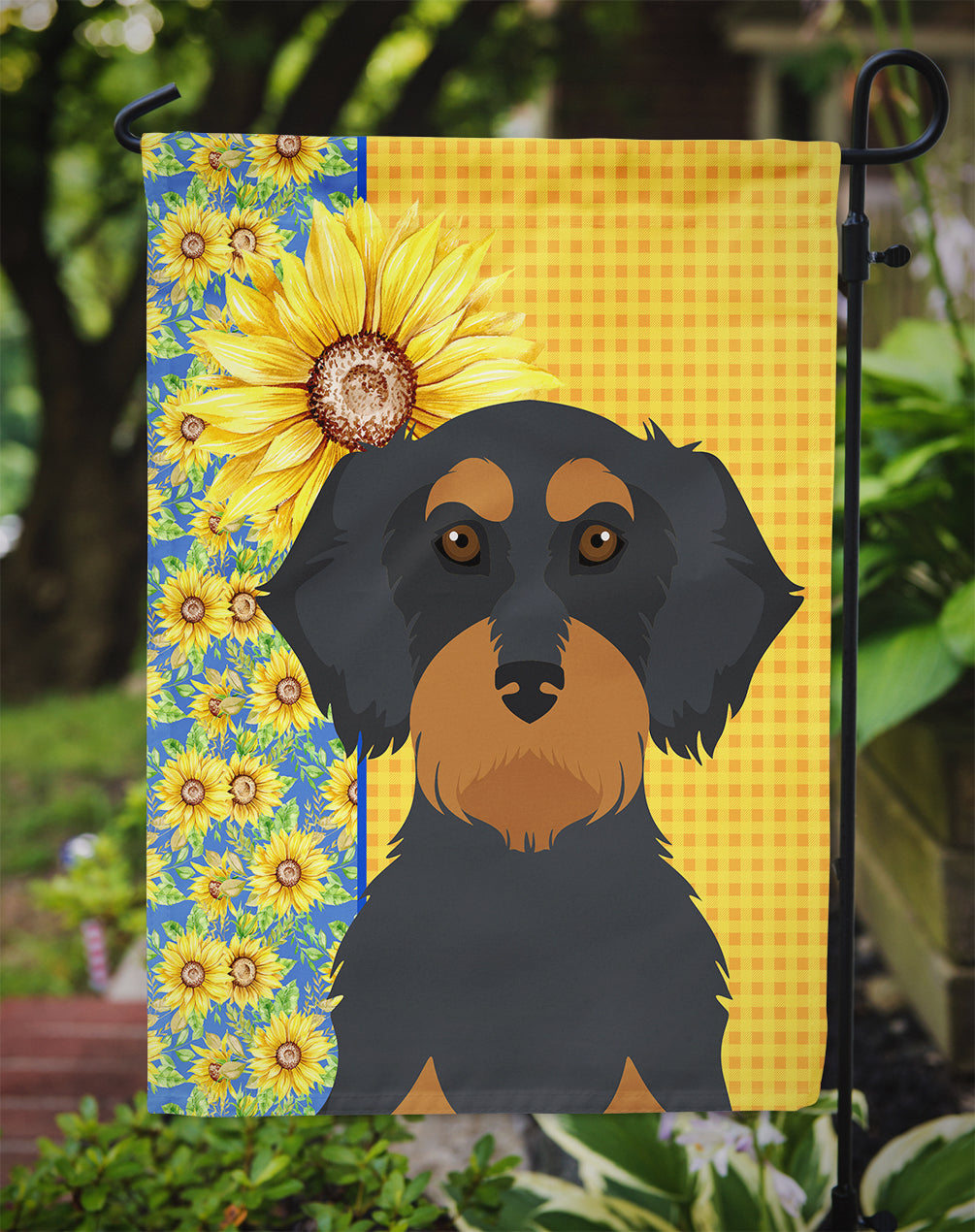 Summer Sunflowers Wirehair Black and Tan Dachshund Flag Garden Size  the-store.com.