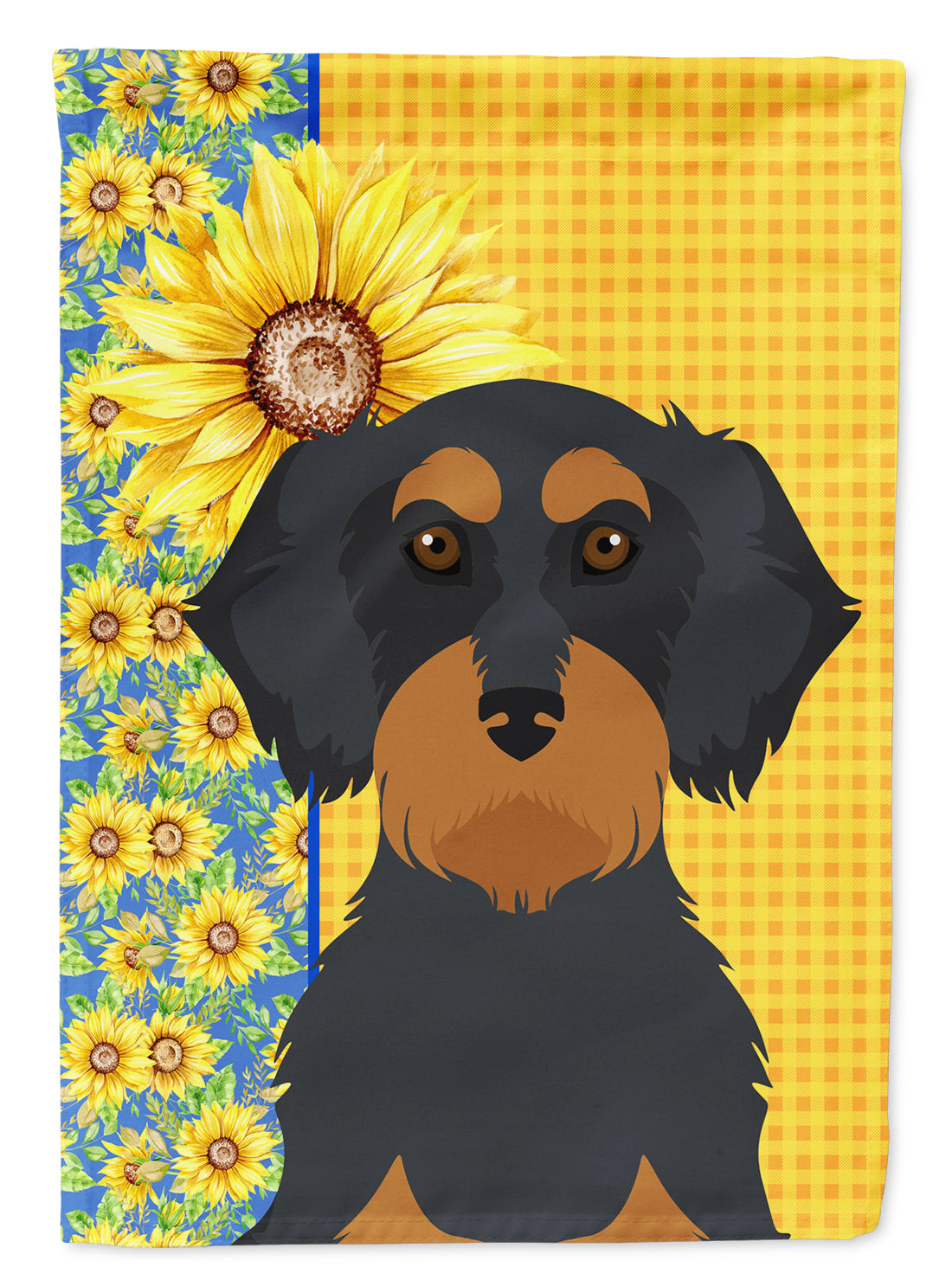 Summer Sunflowers Wirehair Black and Tan Dachshund Flag Garden Size  the-store.com.