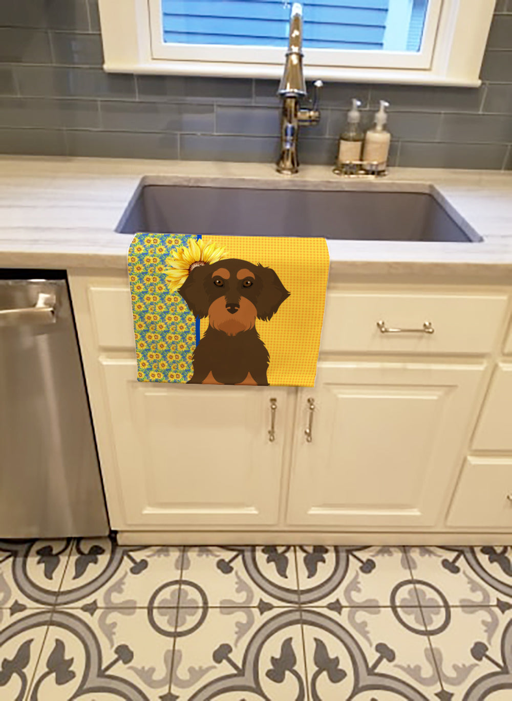 Summer Sunflowers Wirehair Chocolate and Tan Dachshund Kitchen Towel - the-store.com