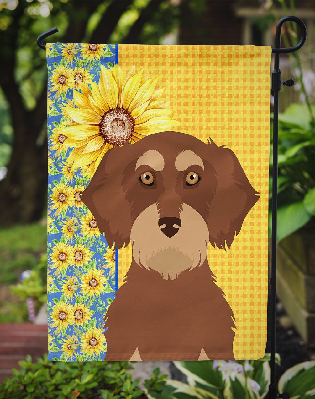 Summer Sunflowers Wirehair Red and Tan Dachshund Flag Garden Size  the-store.com.