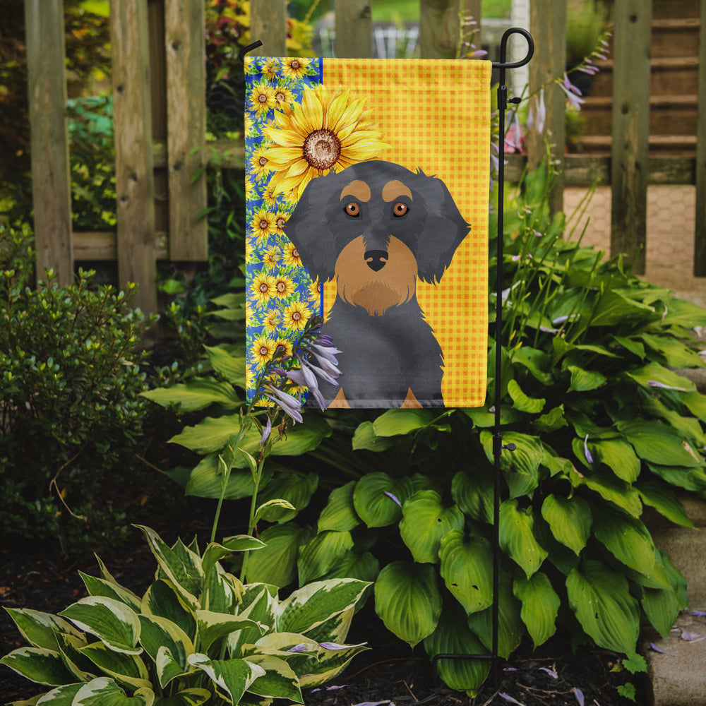 Summer Sunflowers Wirehair Blue and Tan Dachshund Flag Garden Size  the-store.com.