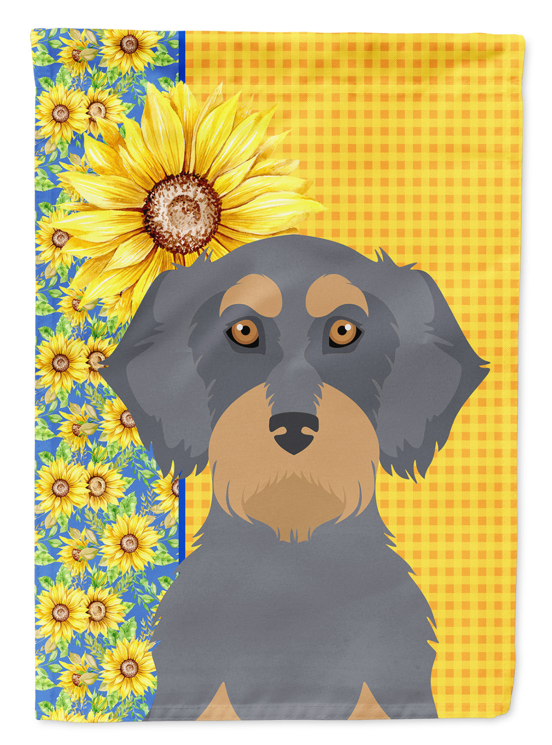 Summer Sunflowers Wirehair Blue and Tan Dachshund Flag Garden Size  the-store.com.