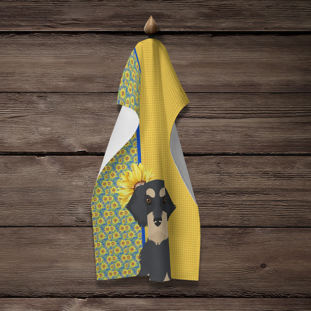 Summer Sunflowers Wirehair Black and Cream Dachshund Kitchen Towel - the-store.com