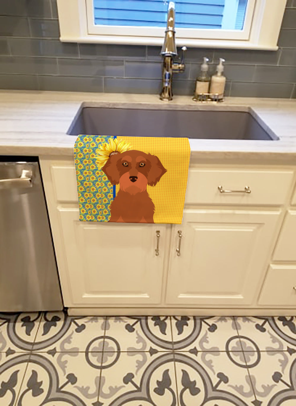 Buy this Summer Sunflowers Wirehair Red Dachshund Kitchen Towel