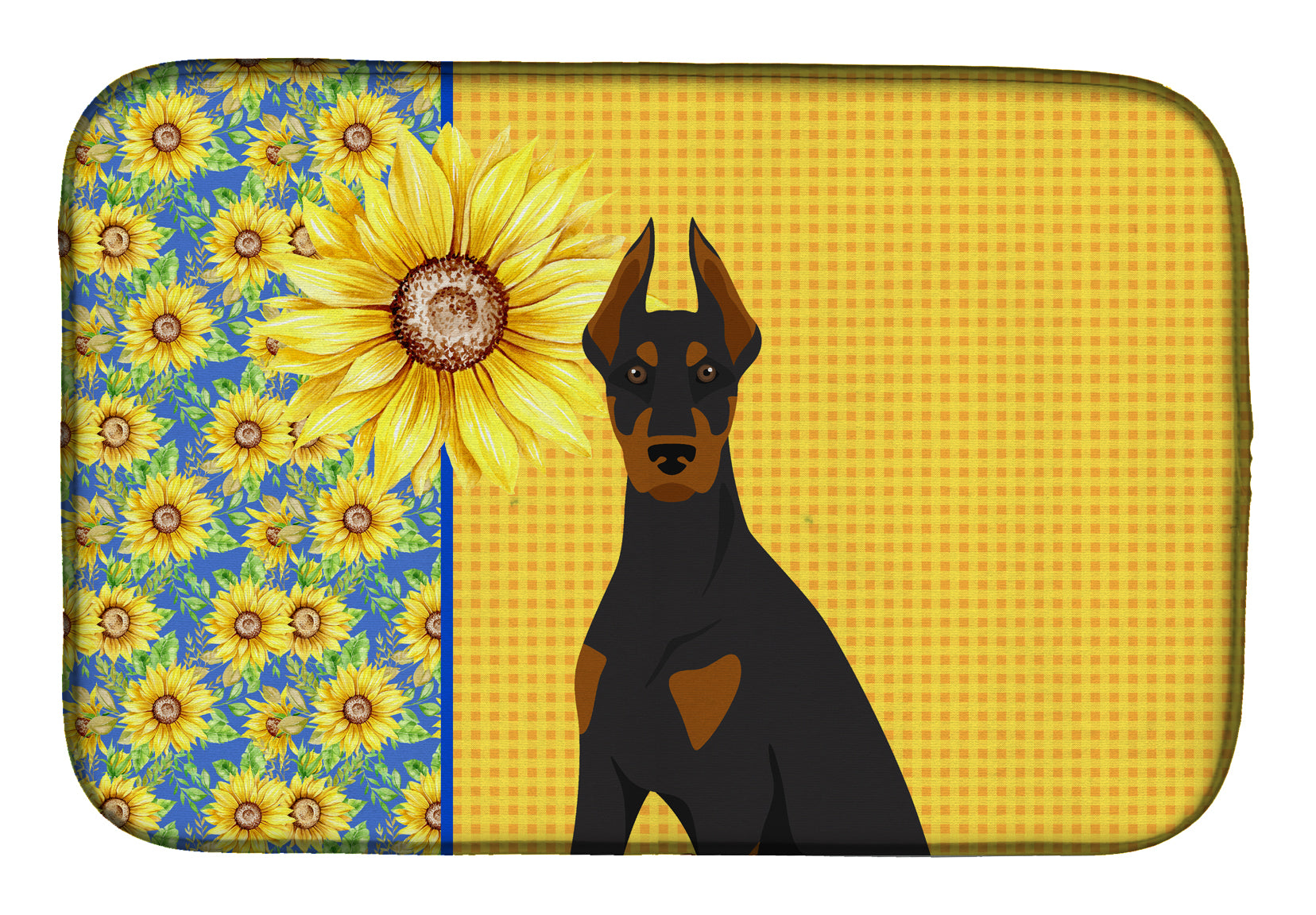 Summer Sunflowers Black and Tan Doberman Pinscher Dish Drying Mat  the-store.com.