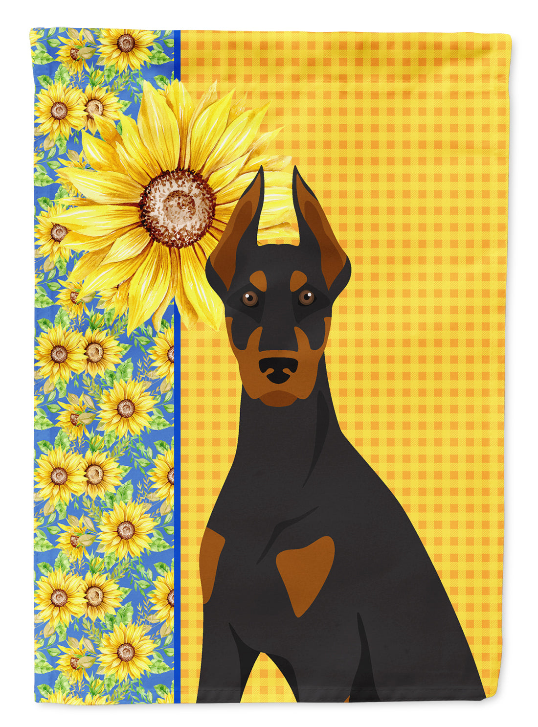 Summer Sunflowers Black and Tan Doberman Pinscher Flag Garden Size  the-store.com.