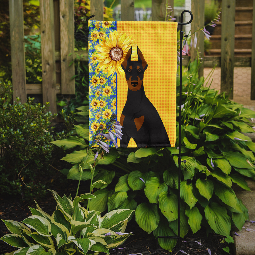 Summer Sunflowers Black and Tan Doberman Pinscher Flag Garden Size  the-store.com.