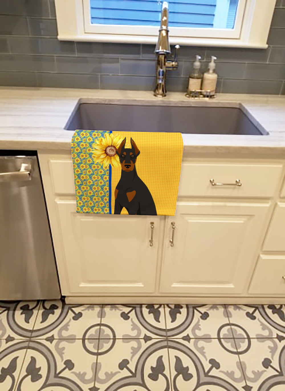 Buy this Summer Sunflowers Black and Tan Doberman Pinscher Kitchen Towel