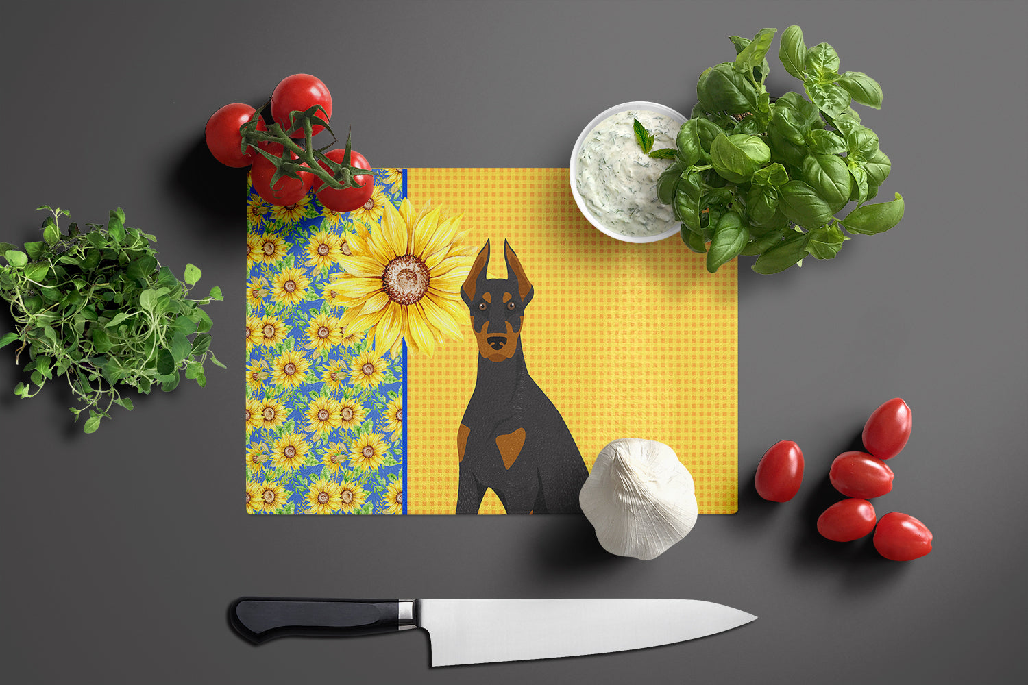 Summer Sunflowers Black and Tan Doberman Pinscher Glass Cutting Board Large - the-store.com