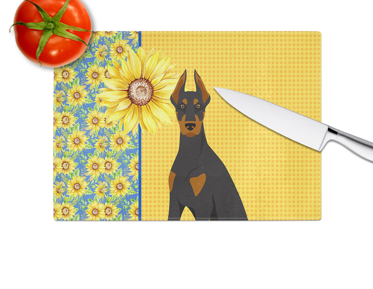 Summer Sunflowers Black and Tan Doberman Pinscher Glass Cutting Board Large - the-store.com