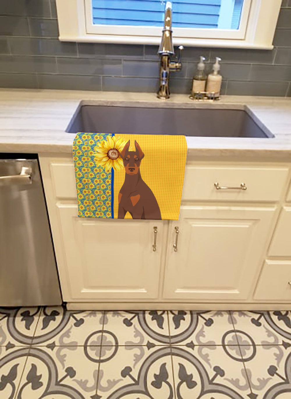 Summer Sunflowers Red and Tan Doberman Pinscher Kitchen Towel - the-store.com