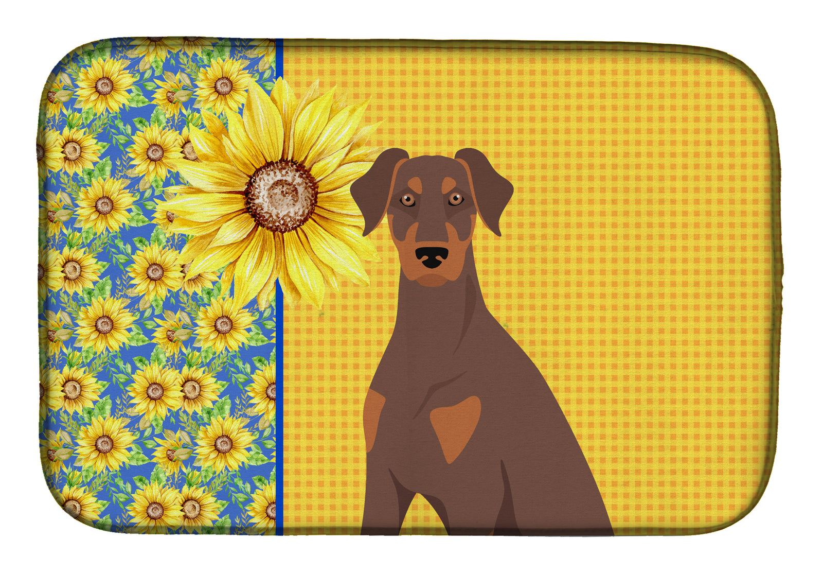 Summer Sunflowers Natural Ear Red and Tan Doberman Pinscher Dish Drying Mat  the-store.com.