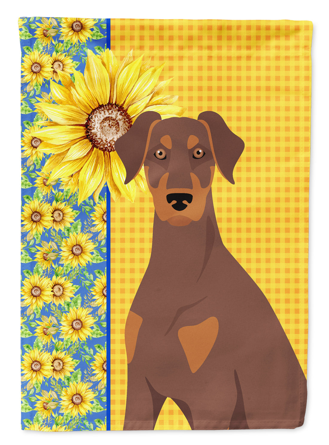 Summer Sunflowers Natural Ear Red and Tan Doberman Pinscher Flag Garden Size  the-store.com.