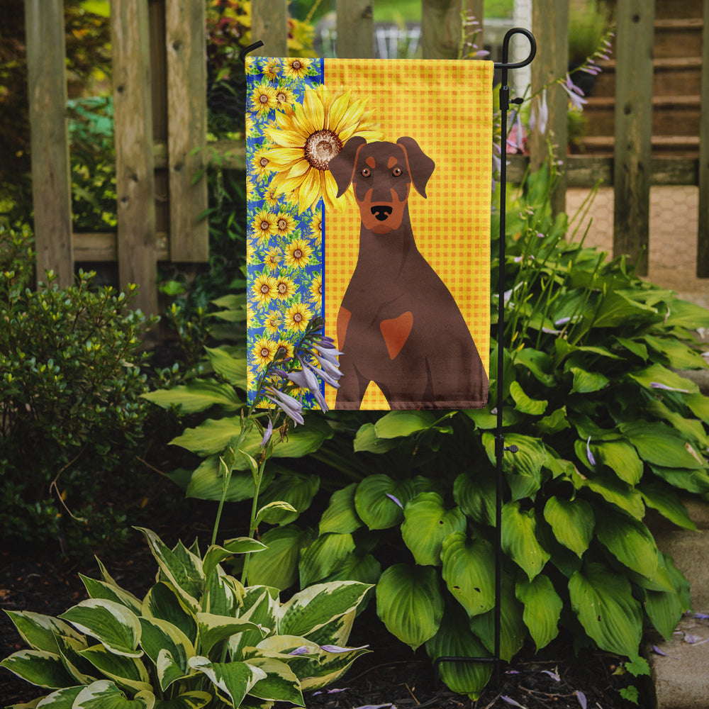 Summer Sunflowers Natural Ear Red and Tan Doberman Pinscher Flag Garden Size  the-store.com.