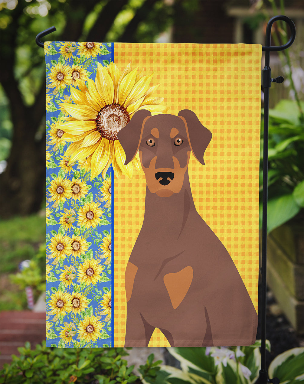 Summer Sunflowers Natural Ear Red and Tan Doberman Pinscher Flag Garden Size  the-store.com.