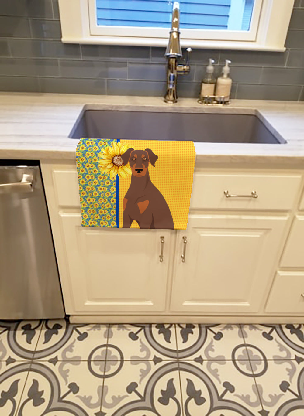 Summer Sunflowers Natural Ear Red and Tan Doberman Pinscher Kitchen Towel - the-store.com