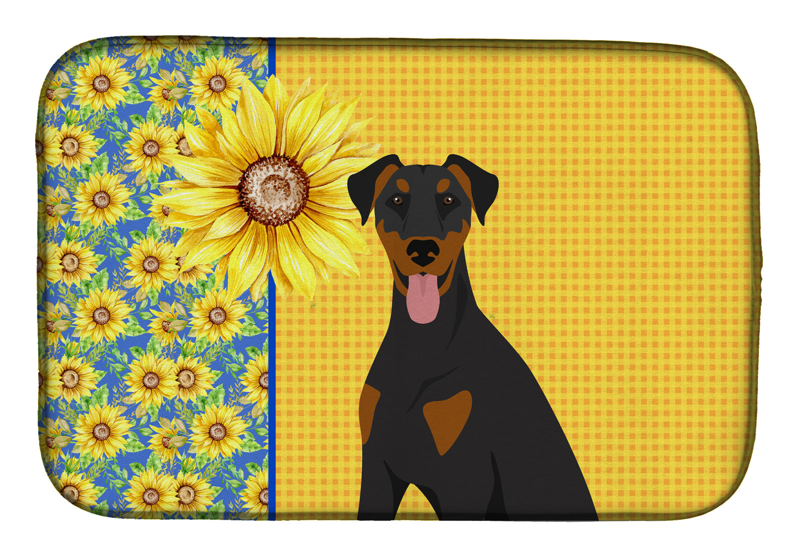 Summer Sunflowers Natural Ear Black and Tan Doberman Pinscher Dish Drying Mat  the-store.com.