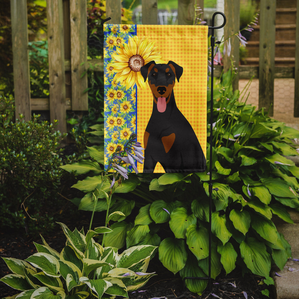 Summer Sunflowers Natural Ear Black and Tan Doberman Pinscher Flag Garden Size  the-store.com.