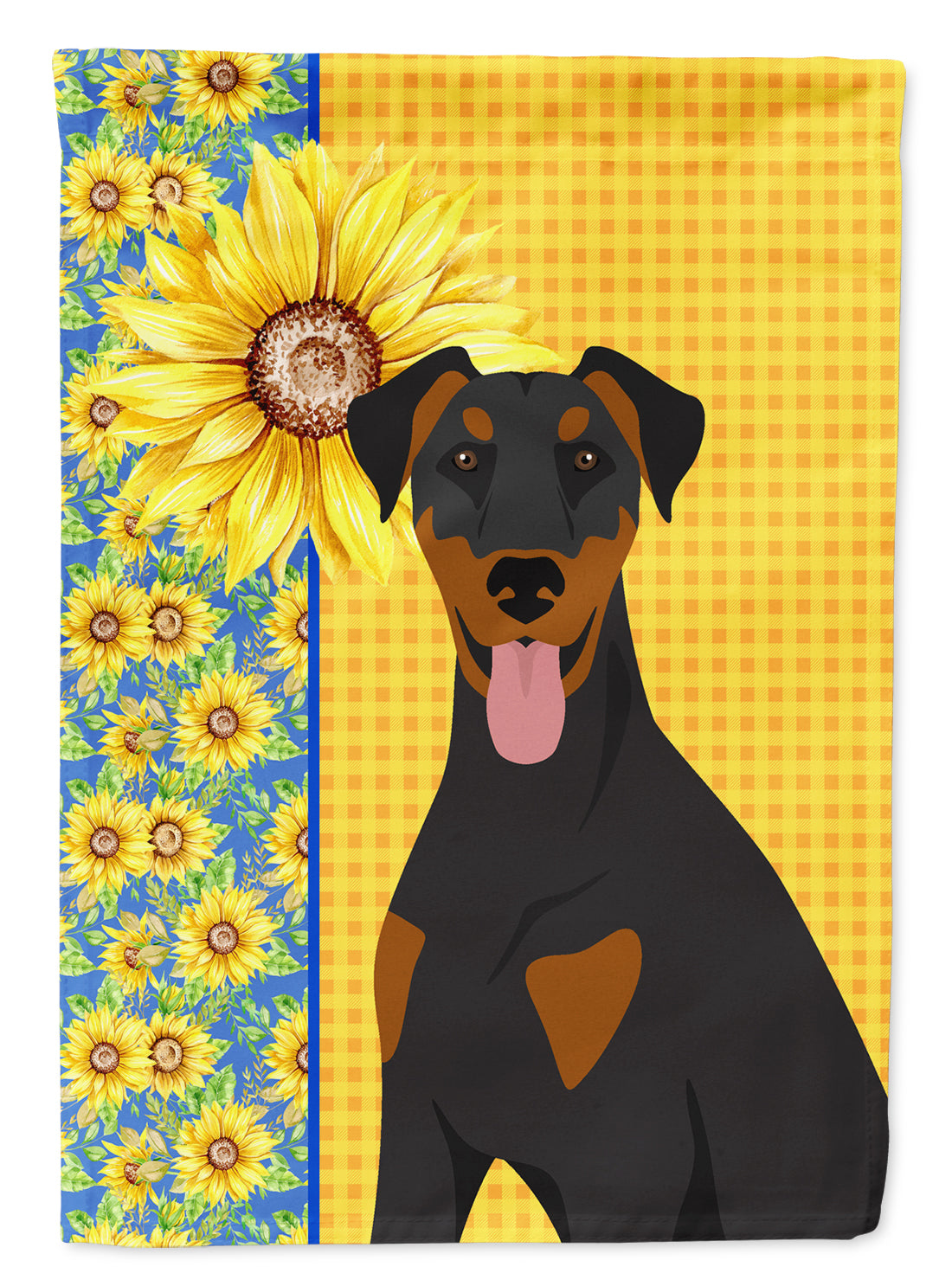 Summer Sunflowers Natural Ear Black and Tan Doberman Pinscher Flag Garden Size  the-store.com.