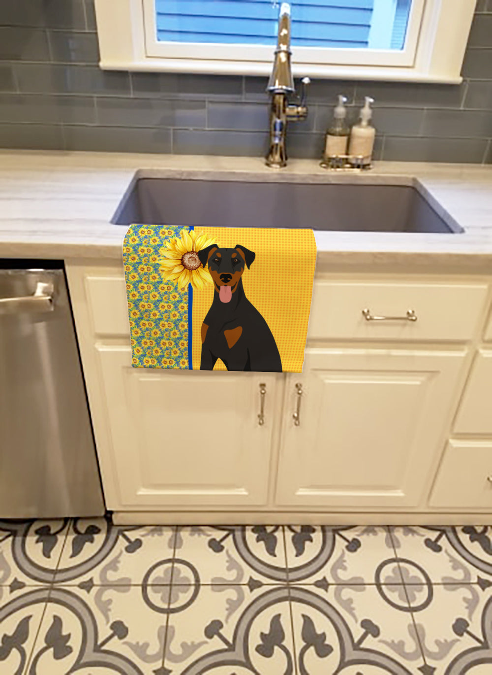 Buy this Summer Sunflowers Natural Ear Black and Tan Doberman Pinscher Kitchen Towel