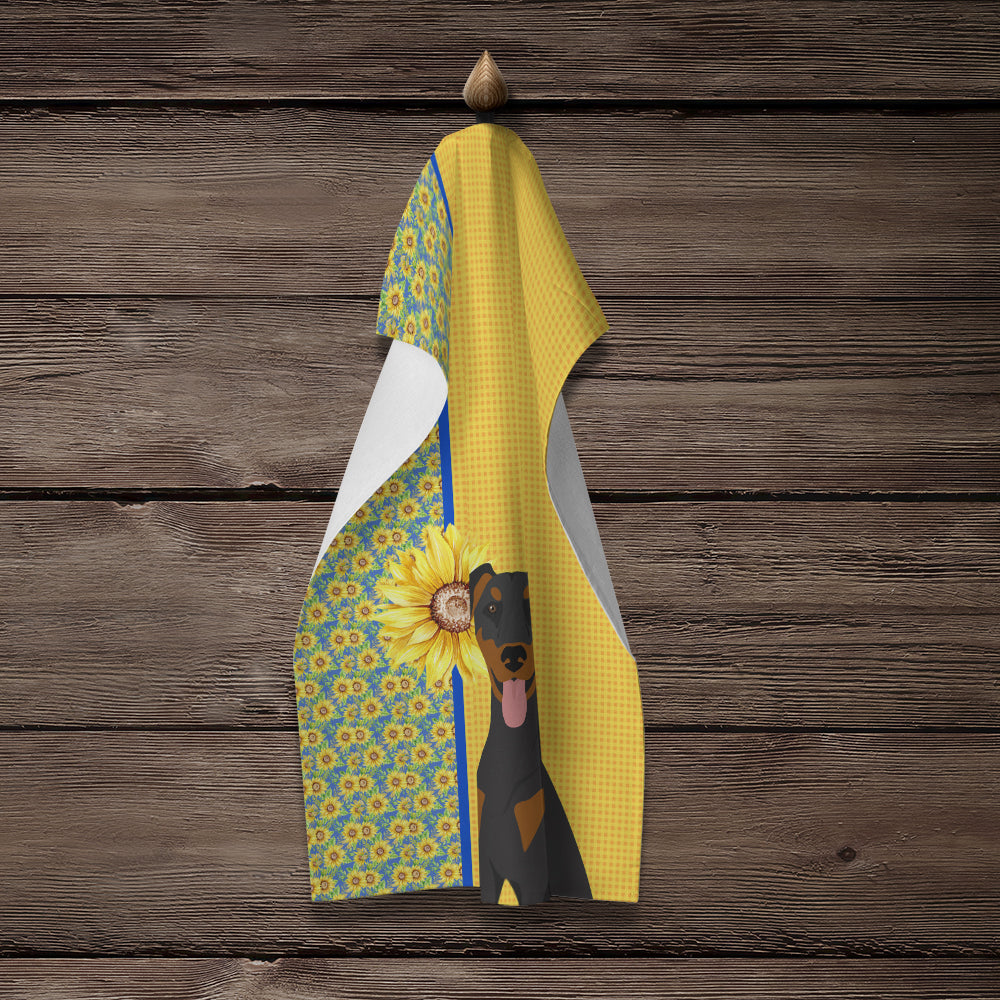 Summer Sunflowers Natural Ear Black and Tan Doberman Pinscher Kitchen Towel - the-store.com