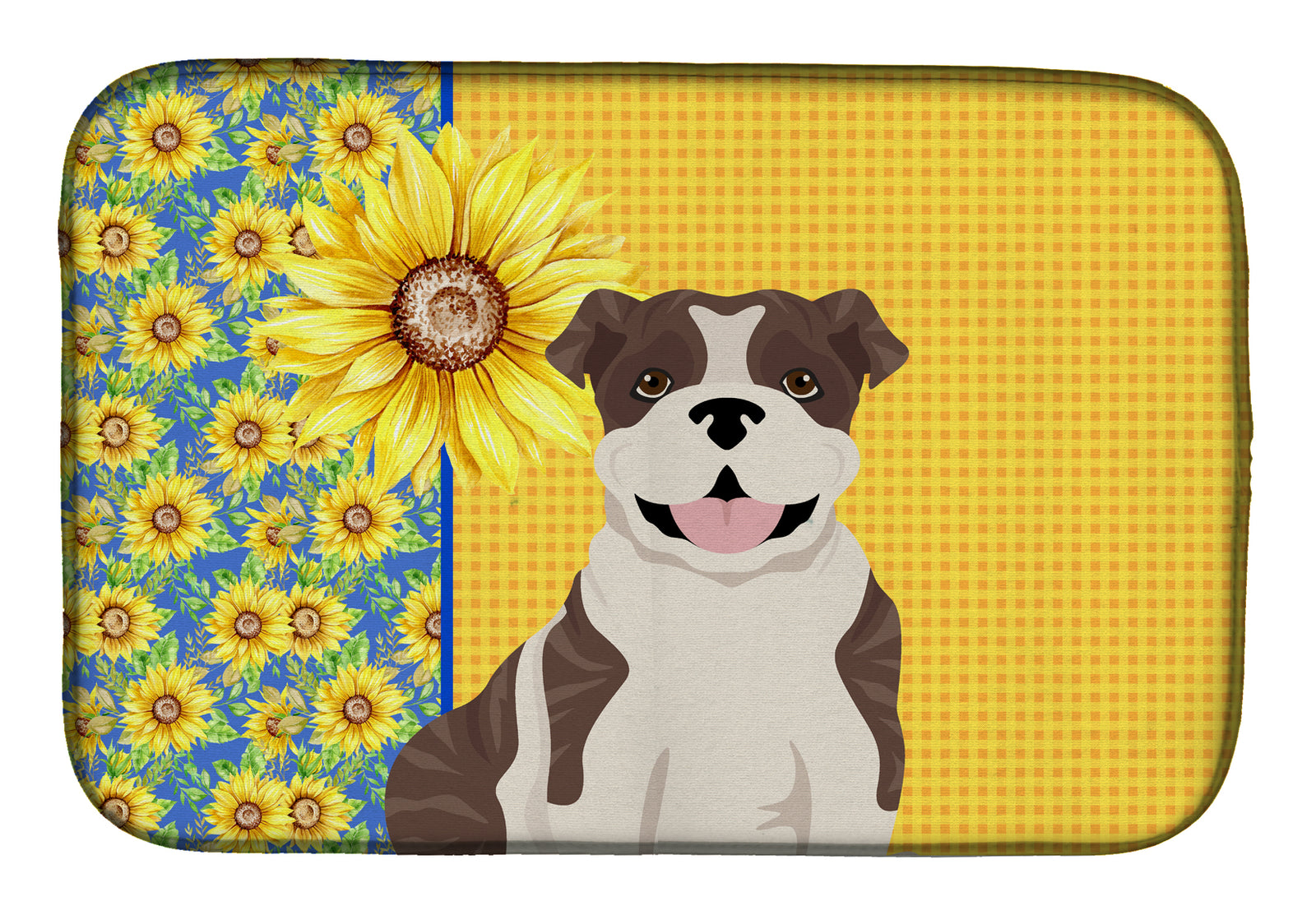 Summer Sunflowers Brindle English Bulldog Dish Drying Mat  the-store.com.