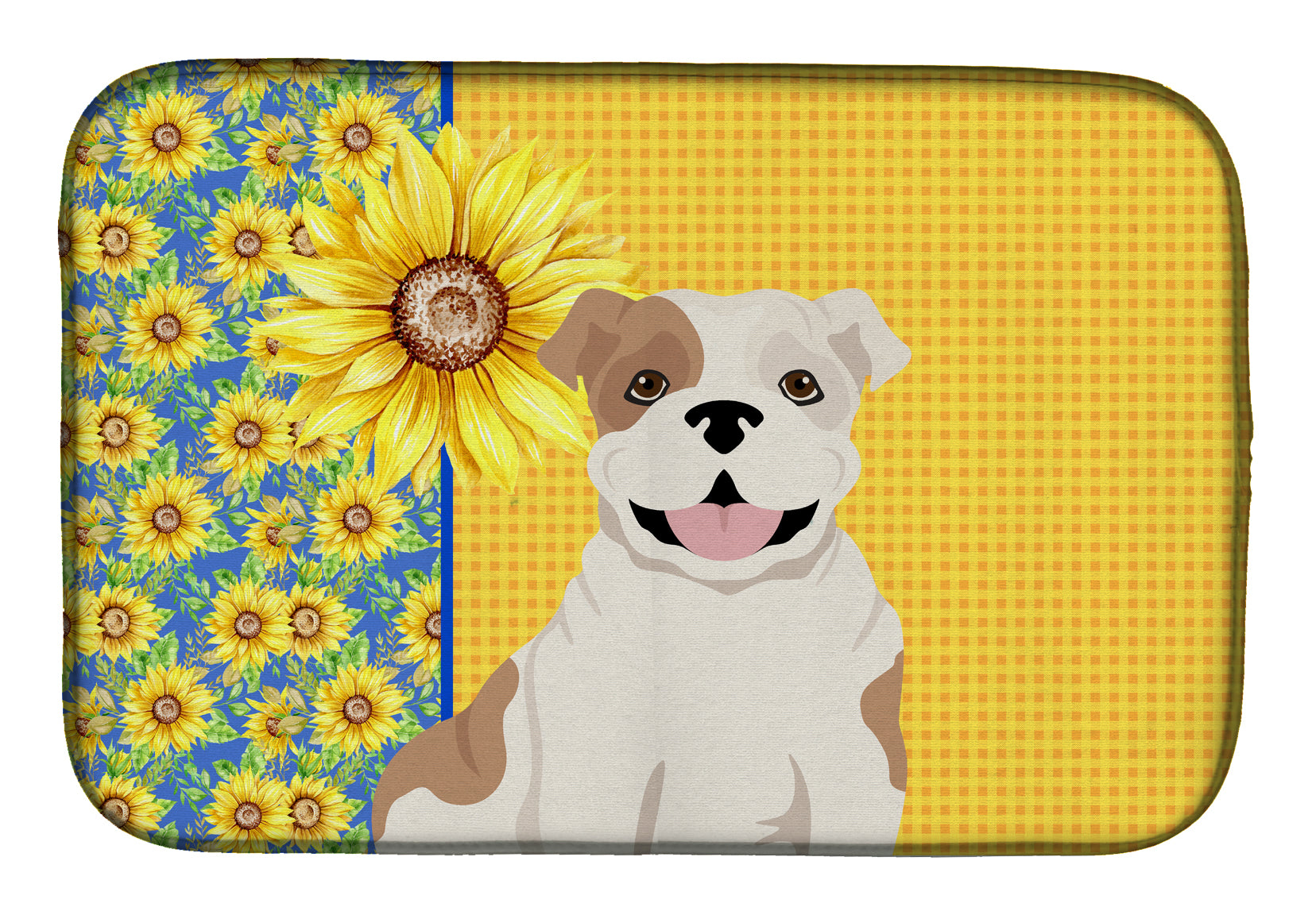 Summer Sunflowers Piebald English Bulldog Dish Drying Mat  the-store.com.