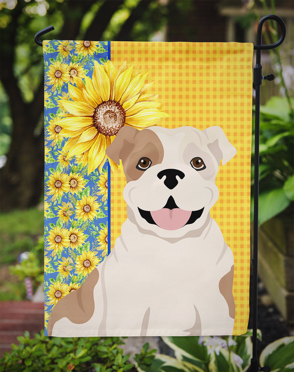 Summer Sunflowers Piebald English Bulldog Flag Garden Size  the-store.com.