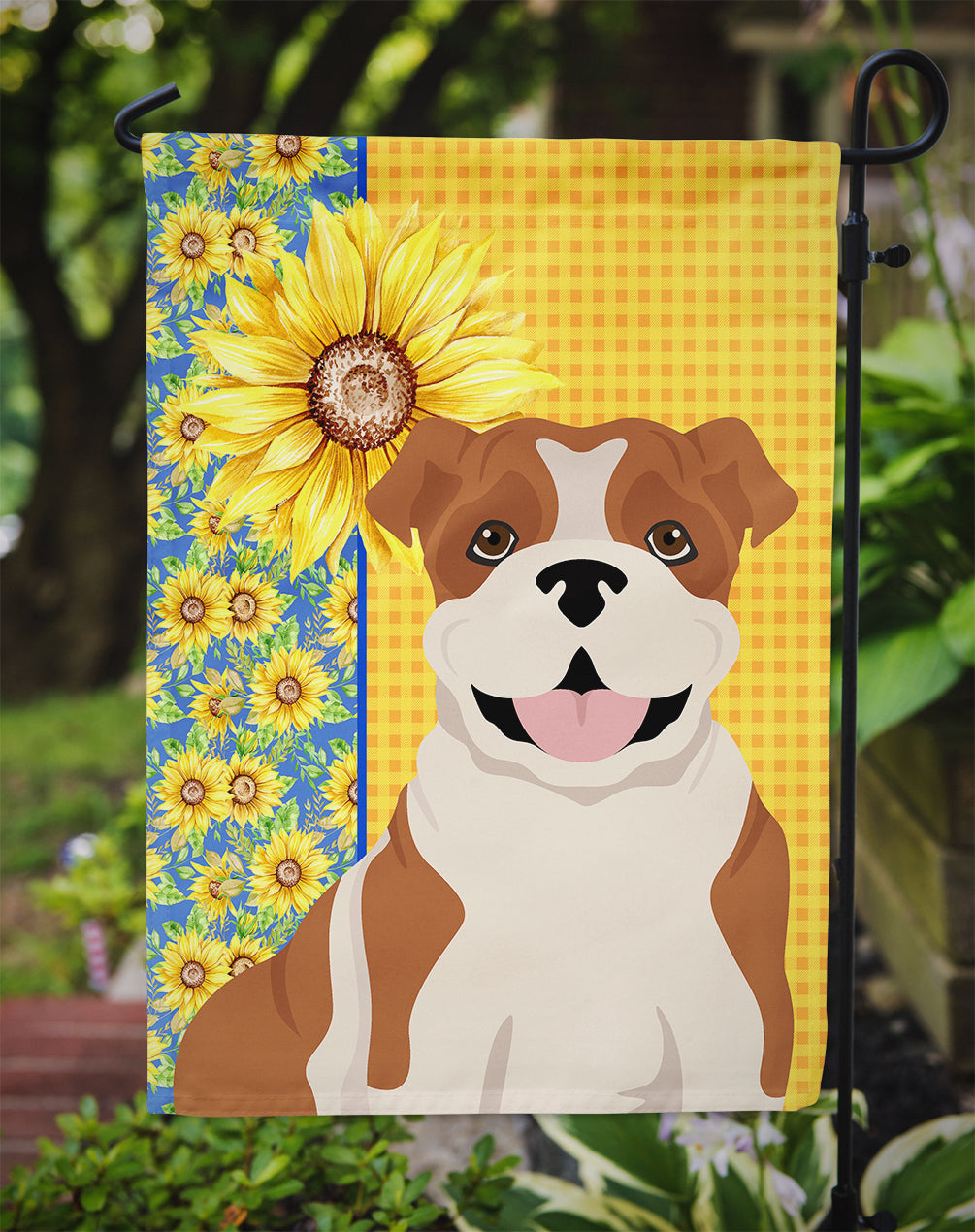 Summer Sunflowers Red English Bulldog Flag Garden Size  the-store.com.