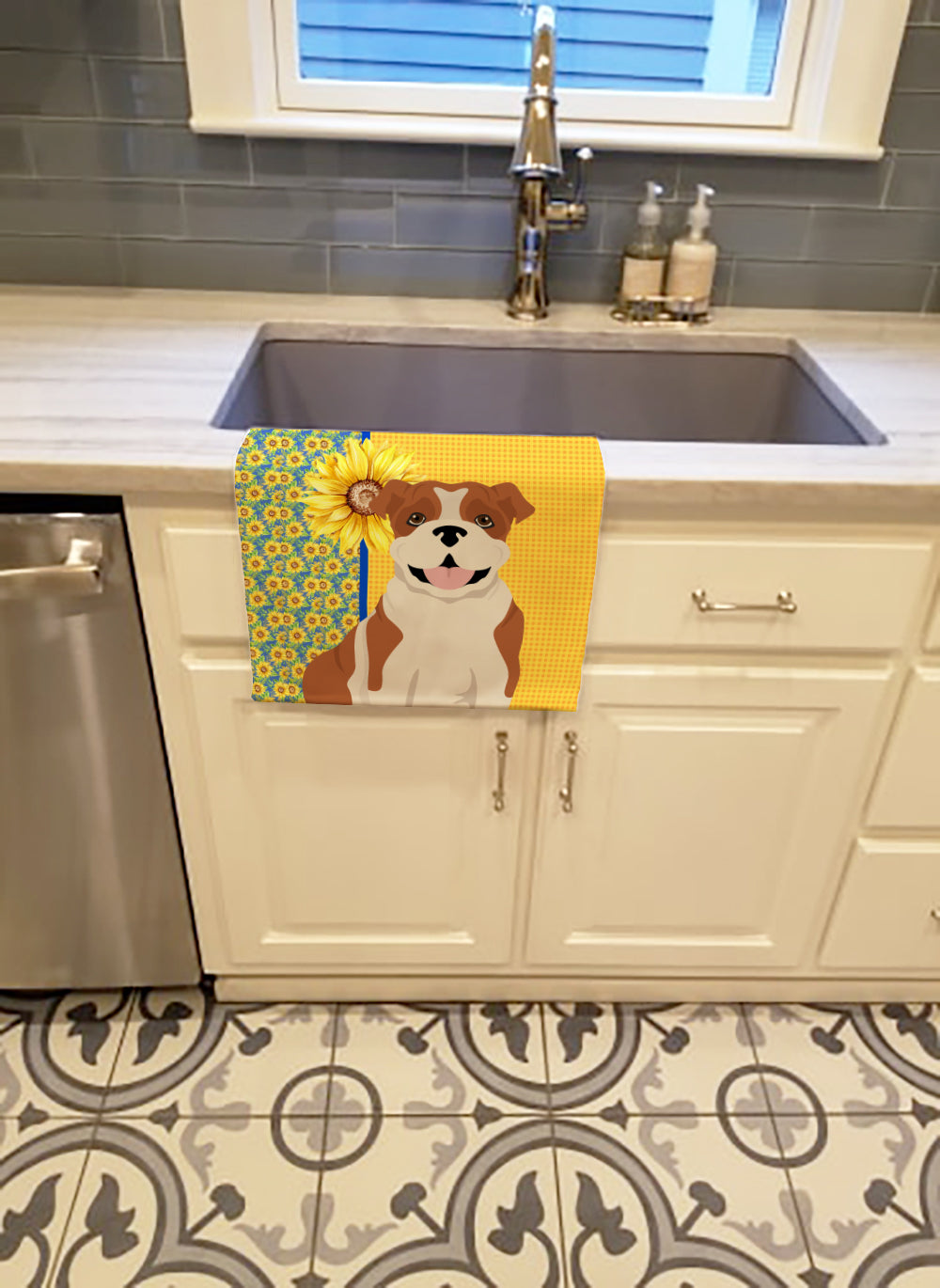 Buy this Summer Sunflowers Red English Bulldog Kitchen Towel