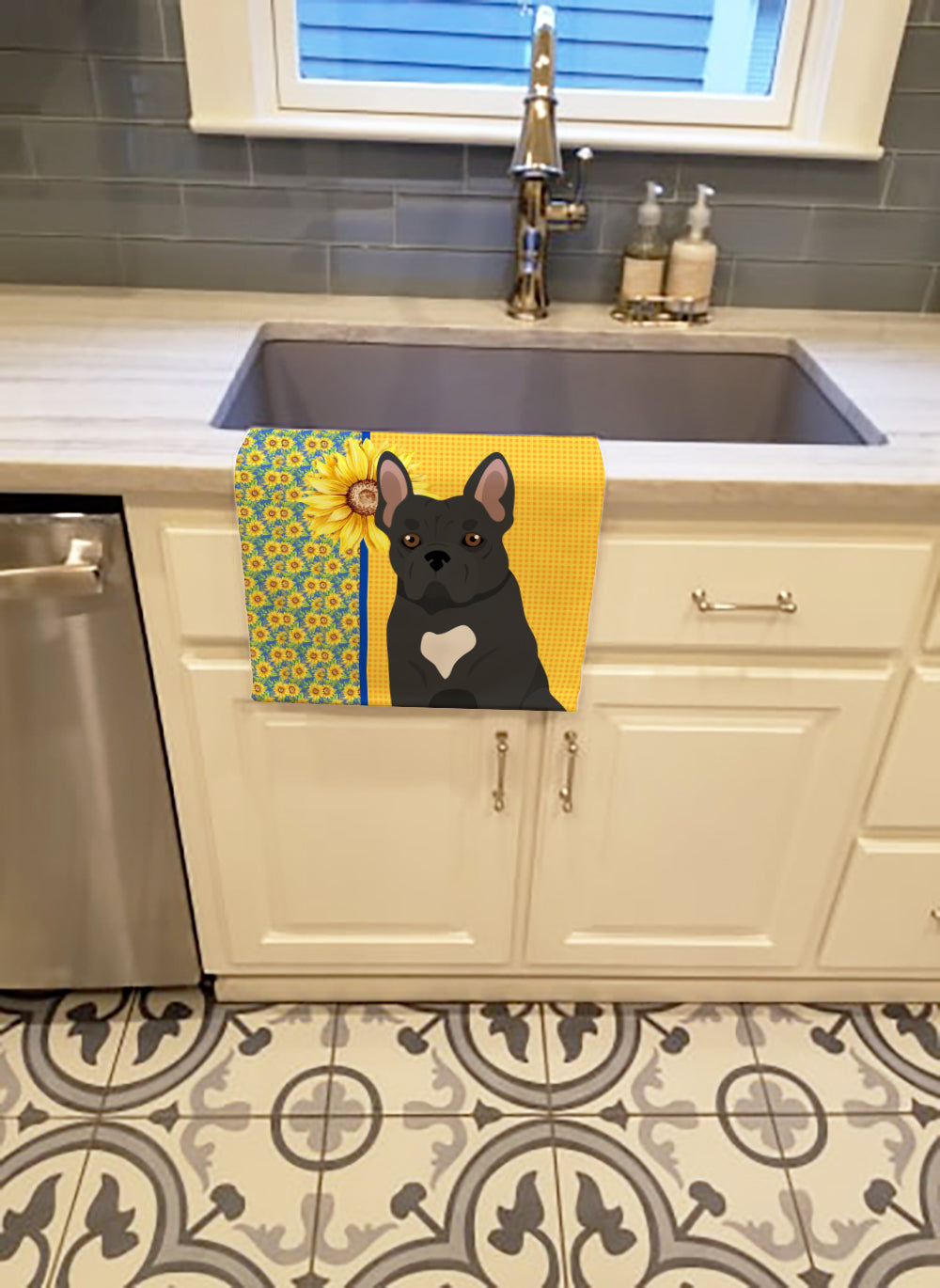 Buy this Summer Sunflowers Black French Bulldog Kitchen Towel