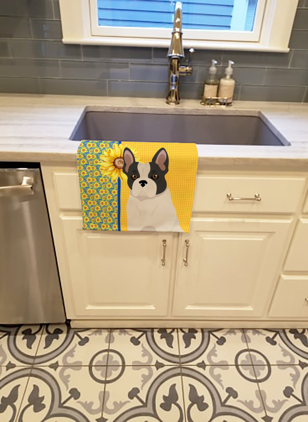 Buy this Summer Sunflowers Black and White French Bulldog Kitchen Towel