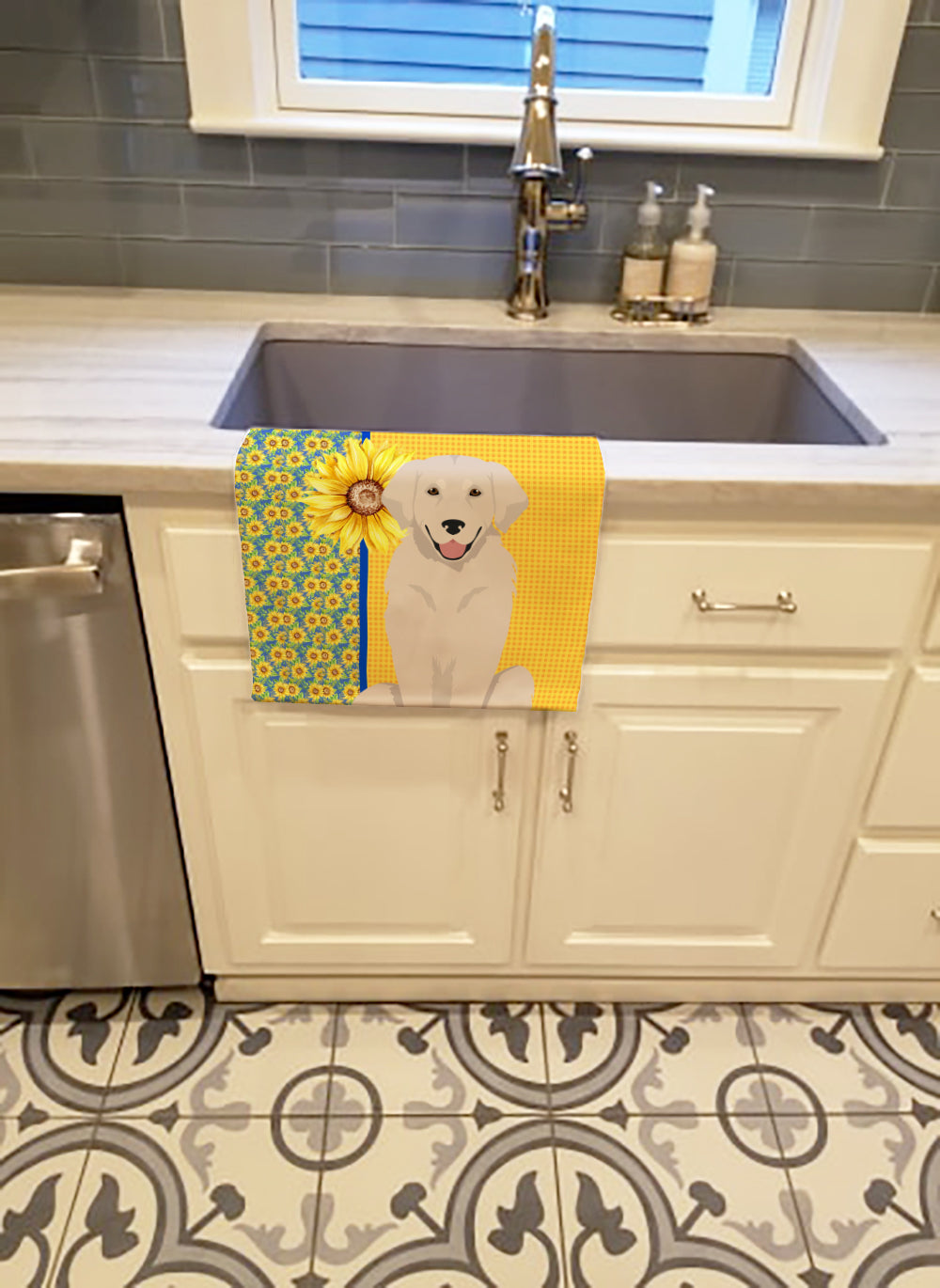 Summer Sunflowers Cream Golden Retriever Kitchen Towel - the-store.com