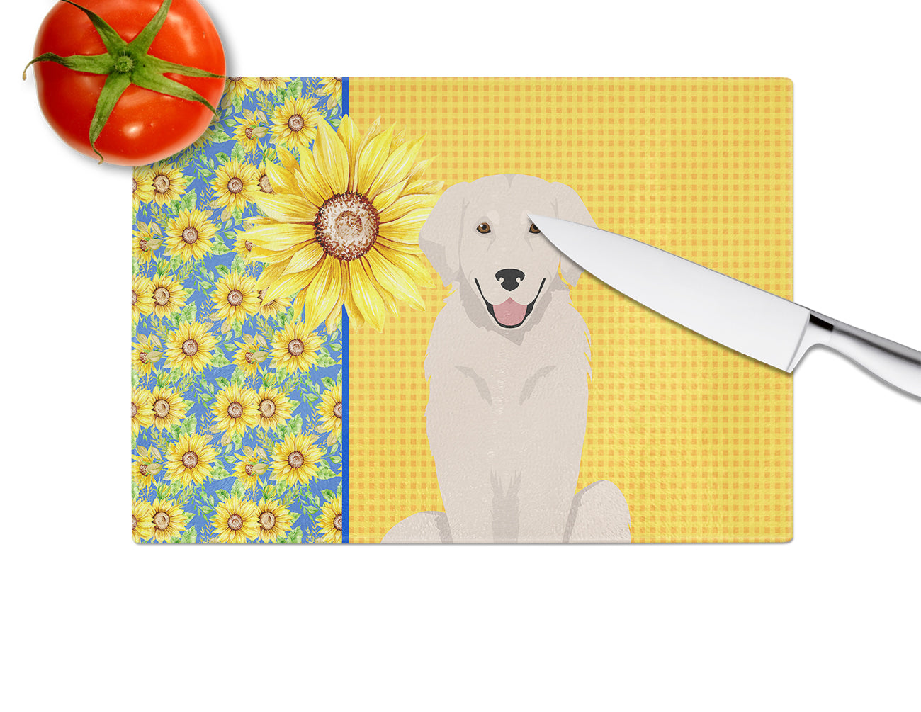 Summer Sunflowers Cream Golden Retriever Glass Cutting Board Large - the-store.com