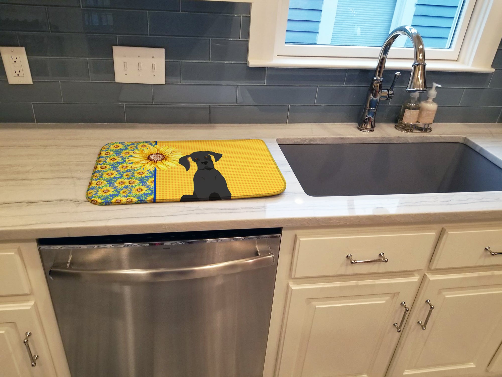 Summer Sunflowers Black Great Dane Dish Drying Mat  the-store.com.