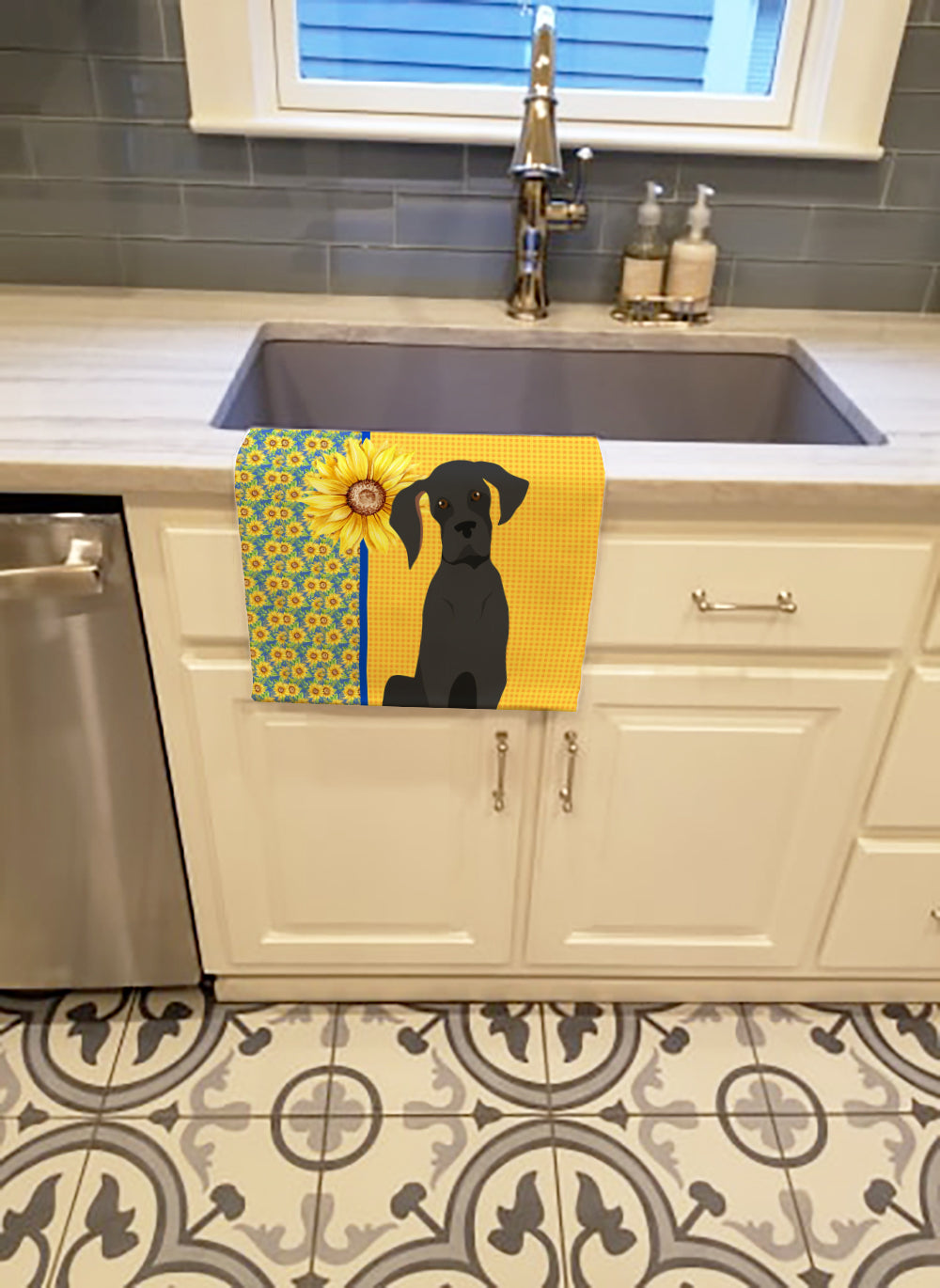 Buy this Summer Sunflowers Black Great Dane Kitchen Towel