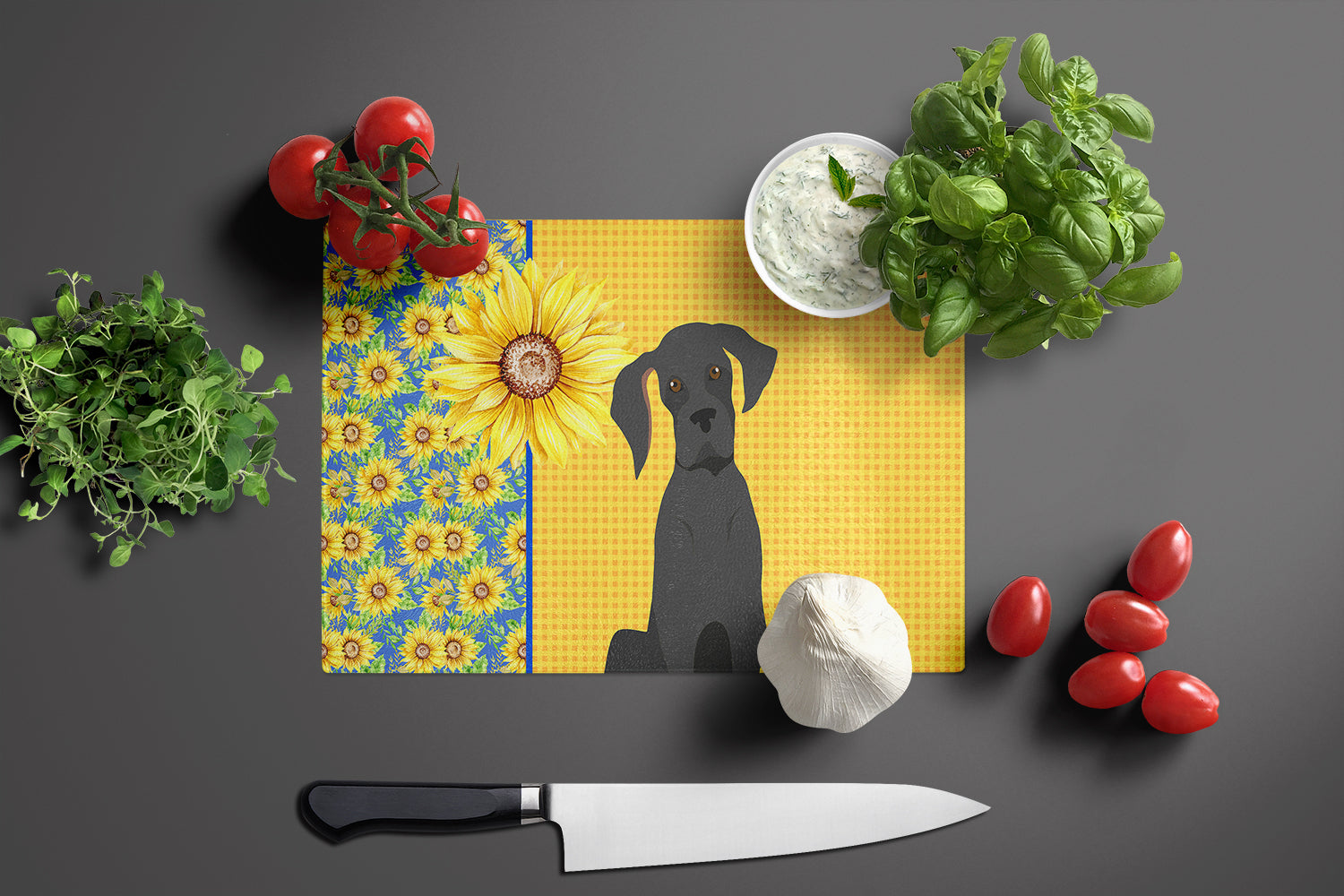 Summer Sunflowers Black Great Dane Glass Cutting Board Large - the-store.com