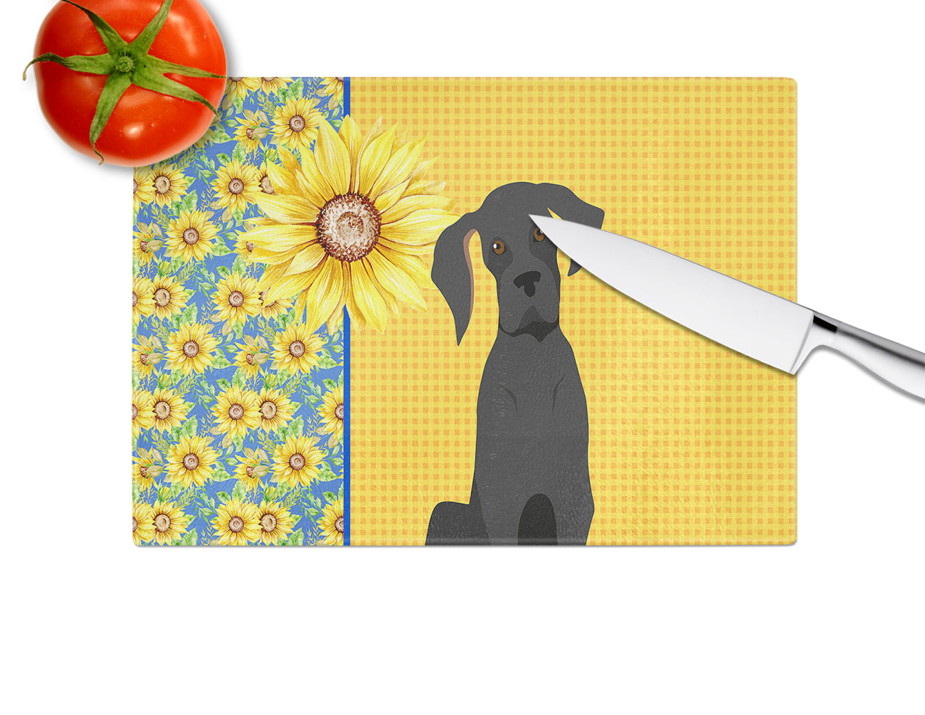 Summer Sunflowers Black Great Dane Glass Cutting Board Large - the-store.com