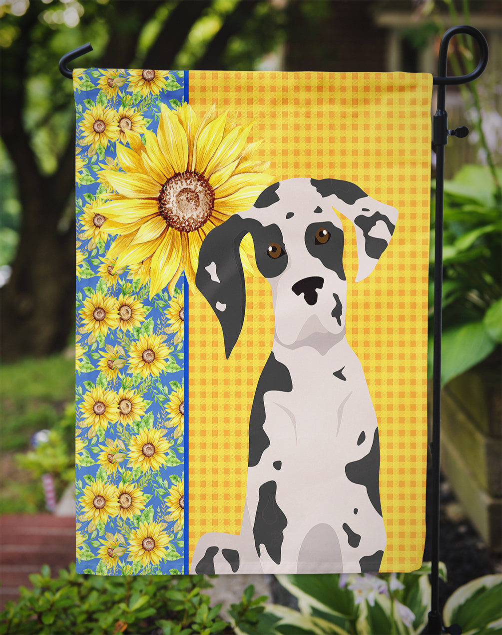 Summer Sunflowers Harlequin Great Dane Flag Garden Size  the-store.com.