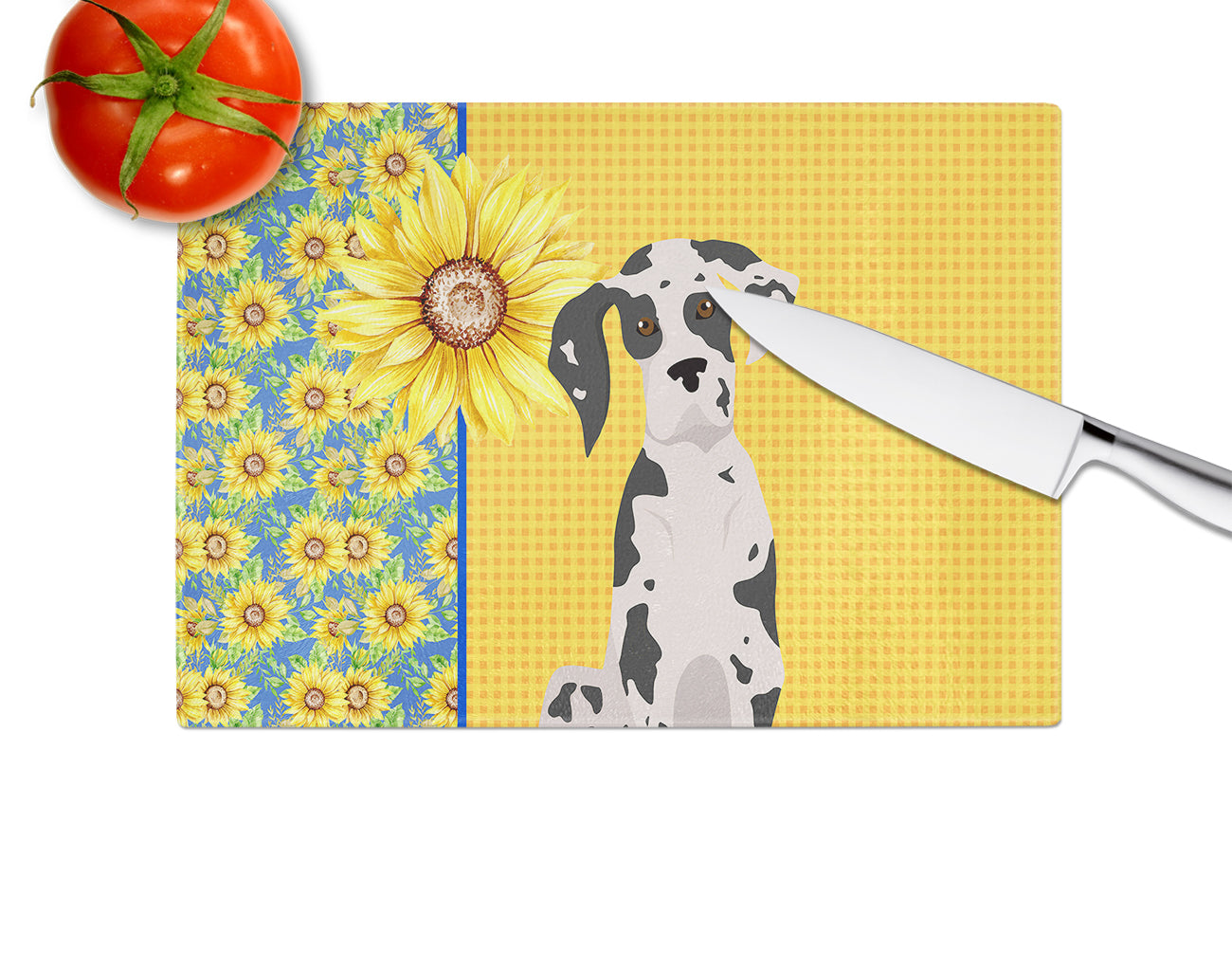 Summer Sunflowers Harlequin Great Dane Glass Cutting Board Large - the-store.com