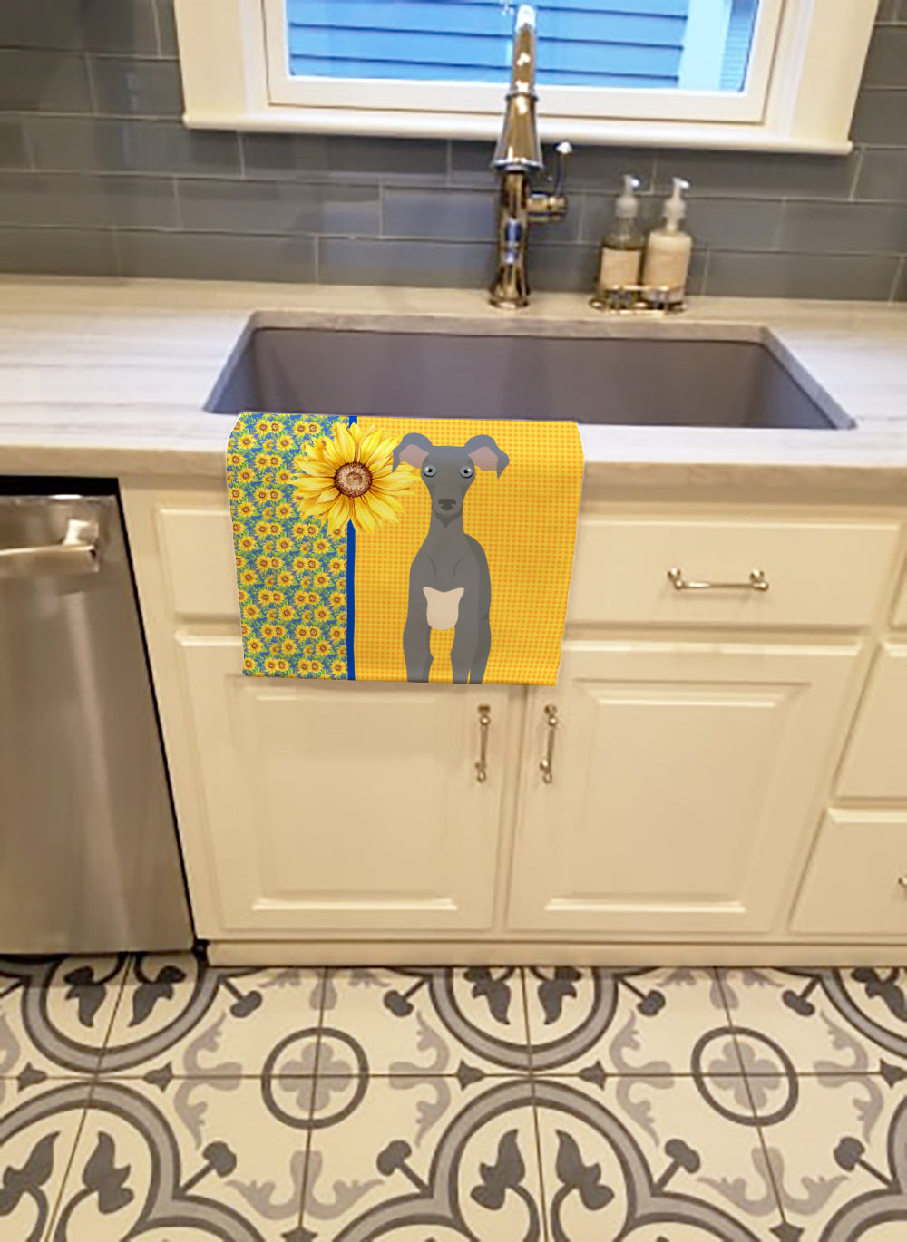 Summer Sunflowers Gray Italian Greyhound Kitchen Towel - the-store.com