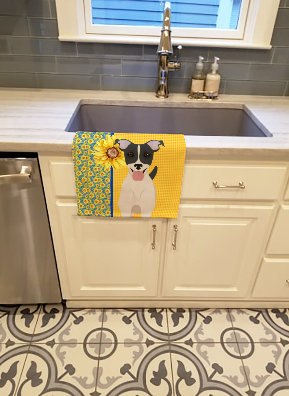 Summer Sunflowers Black White Smooth Jack Russell Terrier Kitchen Towel - the-store.com