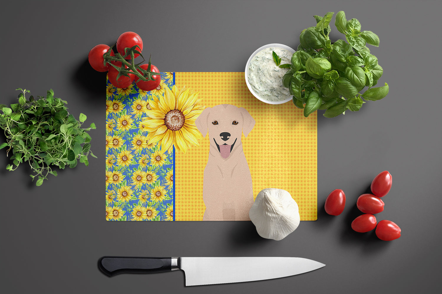 Summer Sunflowers Yellow Labrador Retriever Glass Cutting Board Large - the-store.com