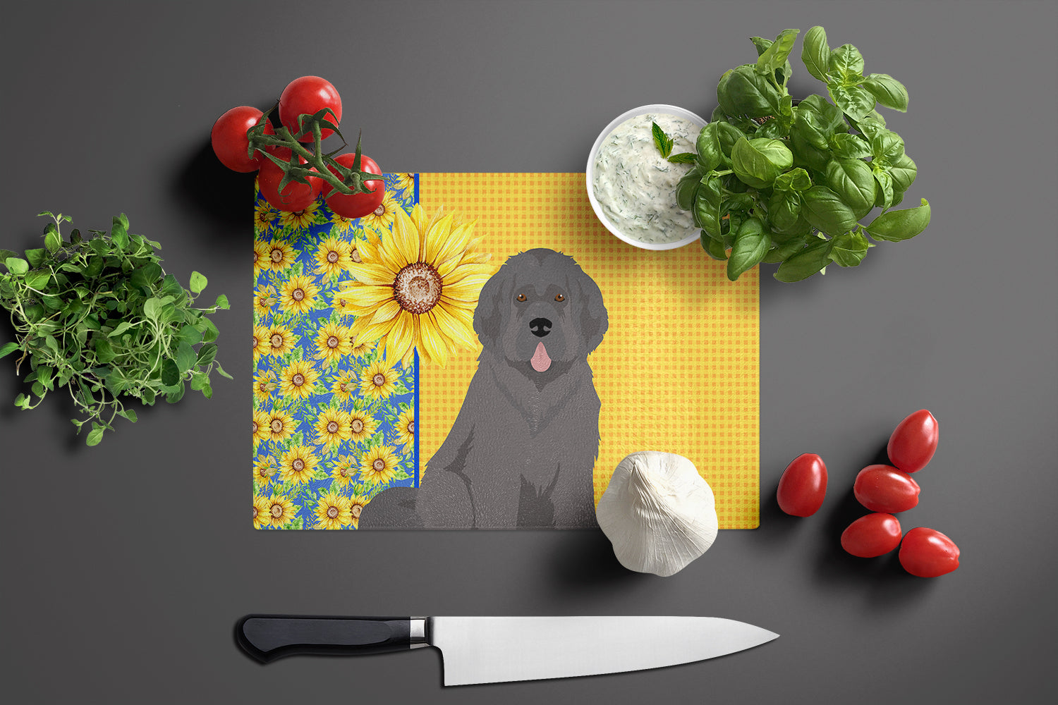 Summer Sunflowers Grey Newfoundland Glass Cutting Board Large - the-store.com