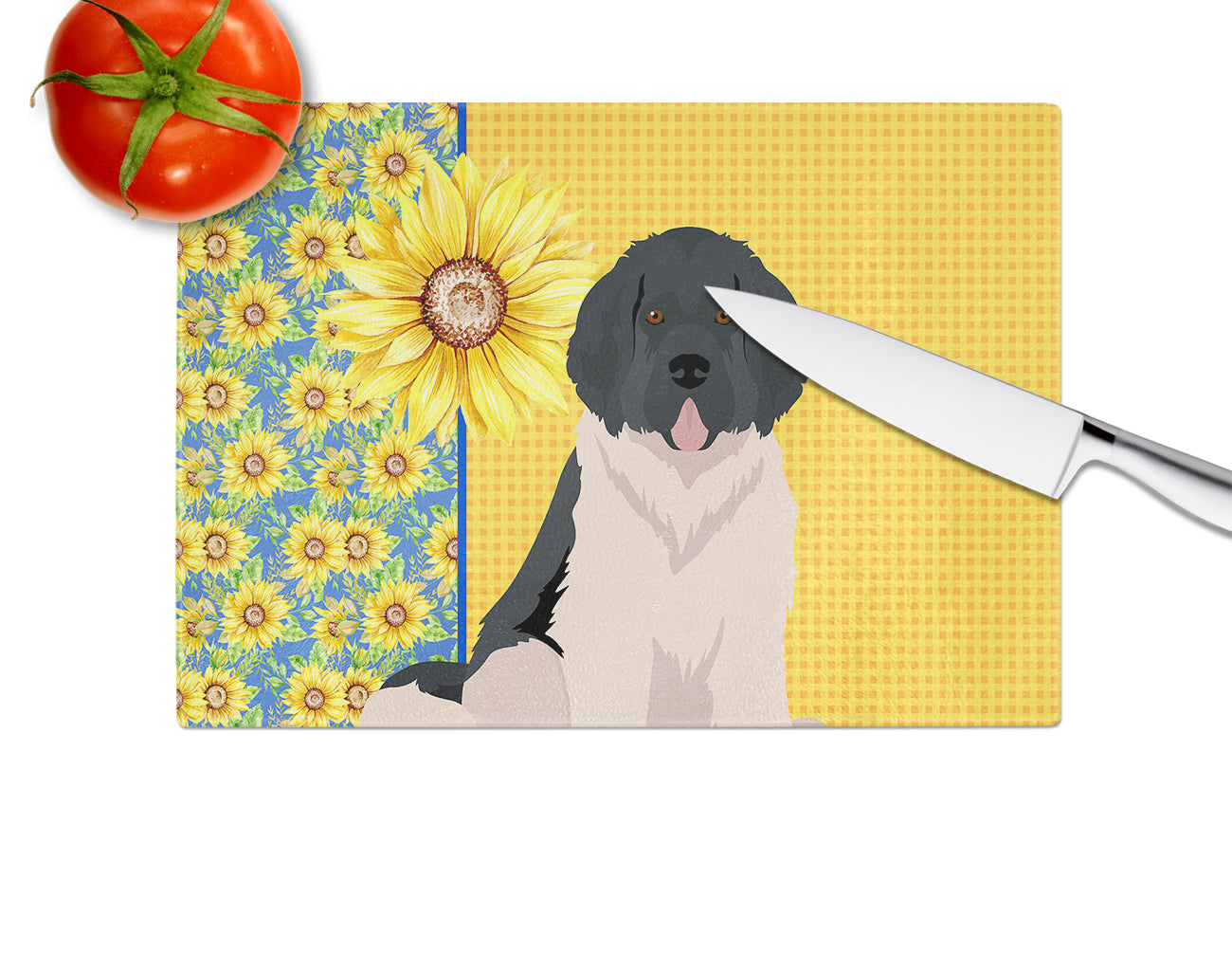 Summer Sunflowers Landseer Newfoundland Glass Cutting Board Large - the-store.com