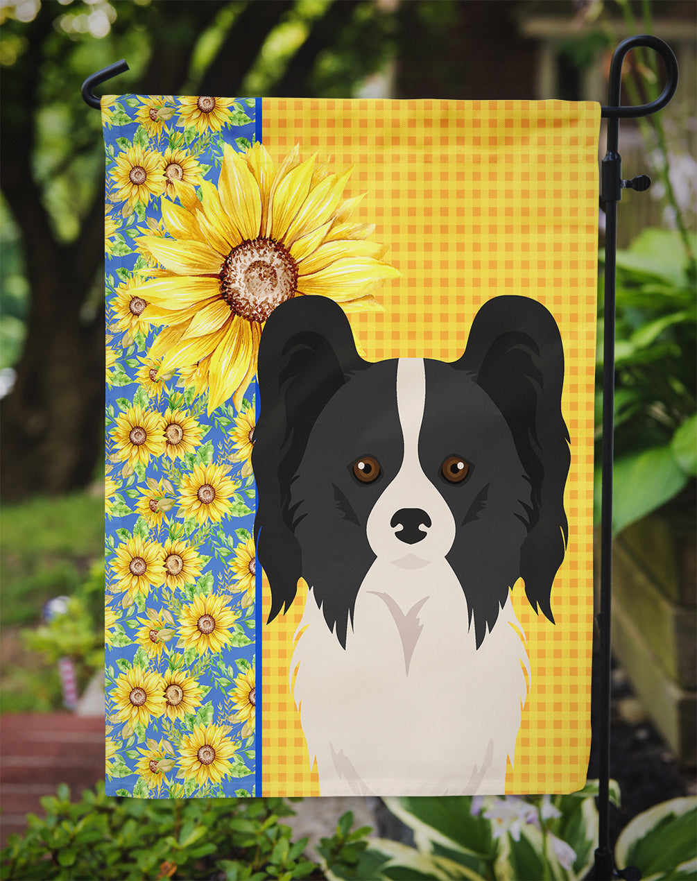 Summer Sunflowers Black and White Papillon Flag Garden Size  the-store.com.